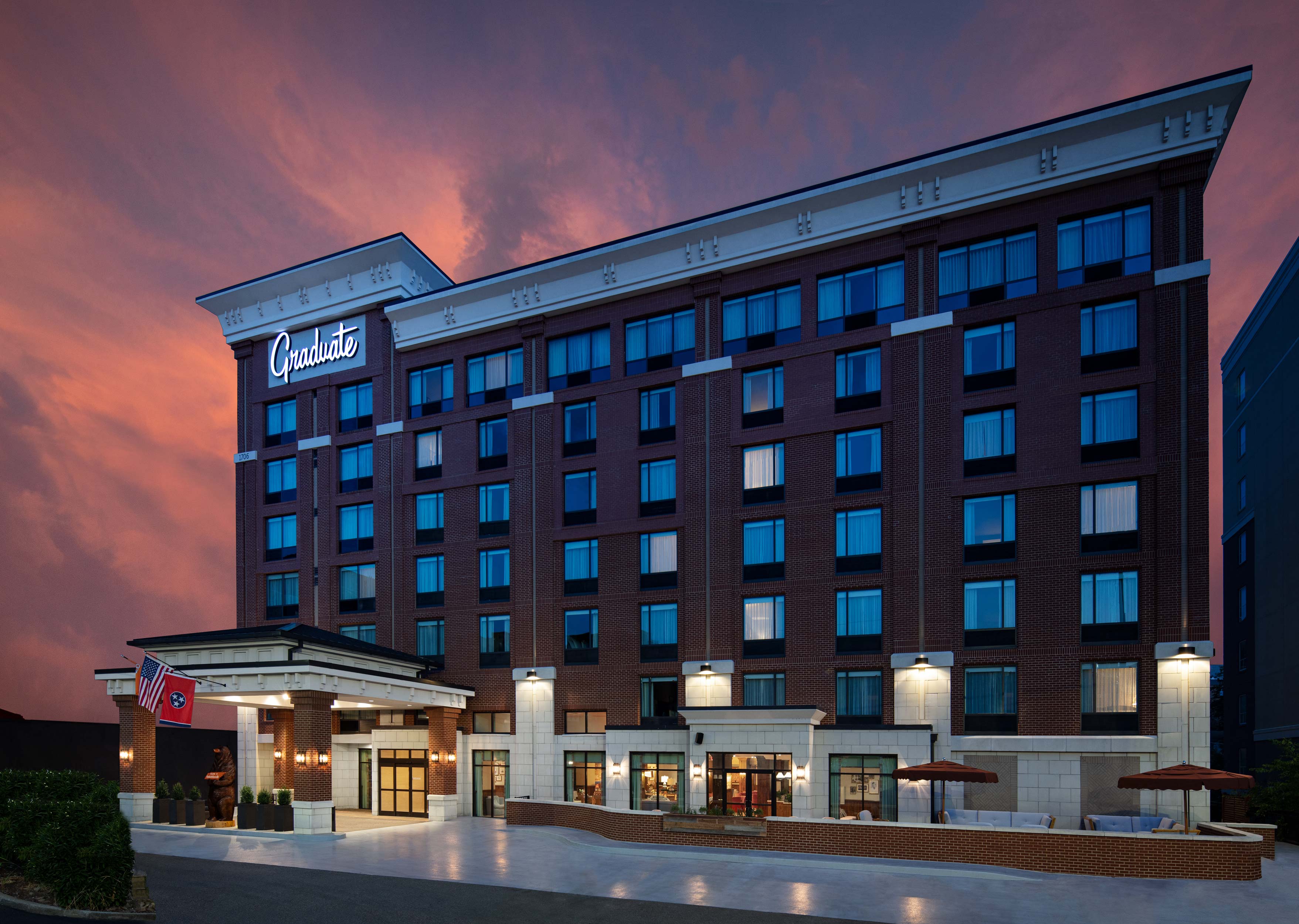 Exterior Dusk Photography of Graduate Hotel In Knoxville Tennessee with Pink Sky