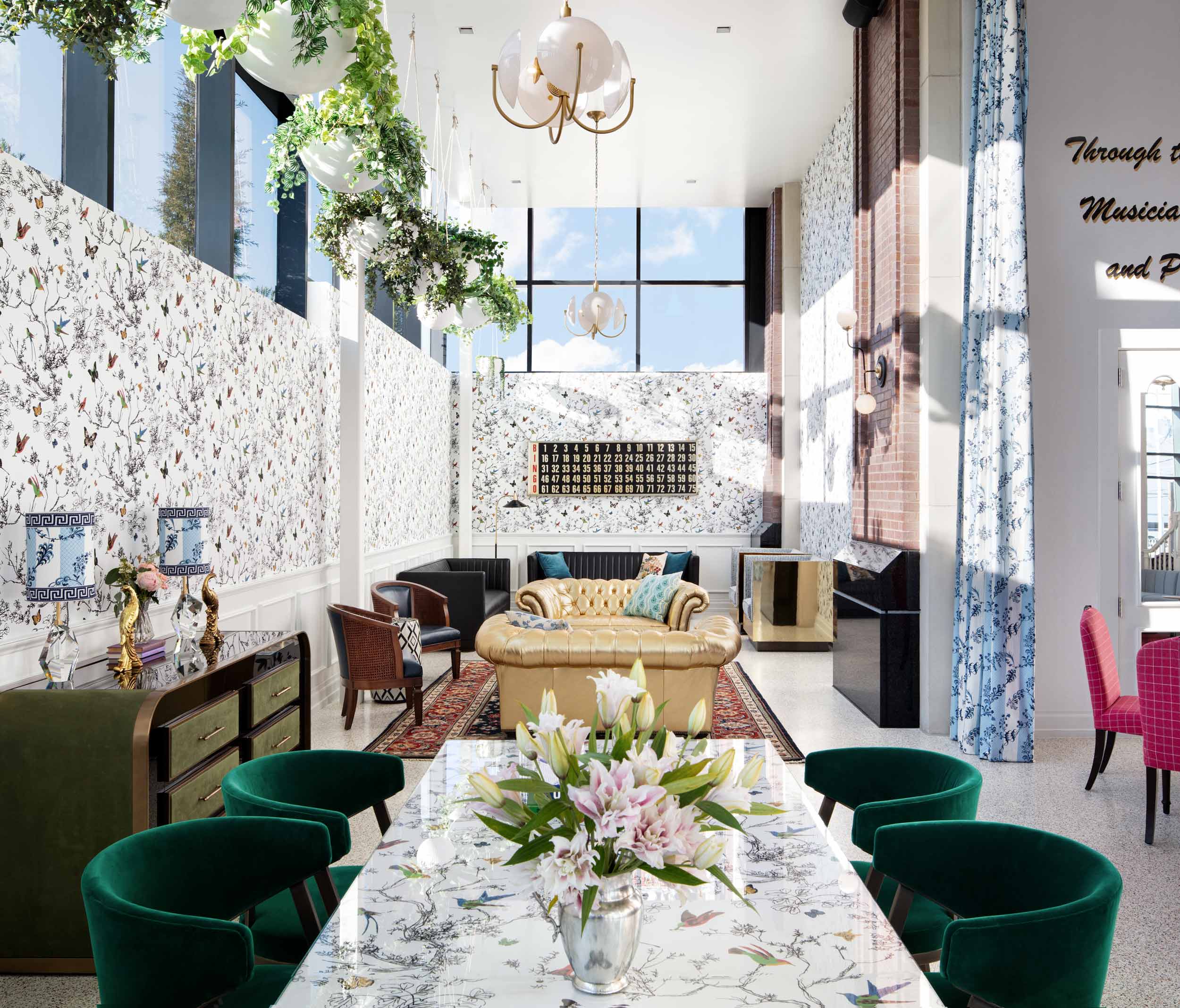 Bright Colorful Sun Filled Lobby of The Graduate Hotel in Nashville